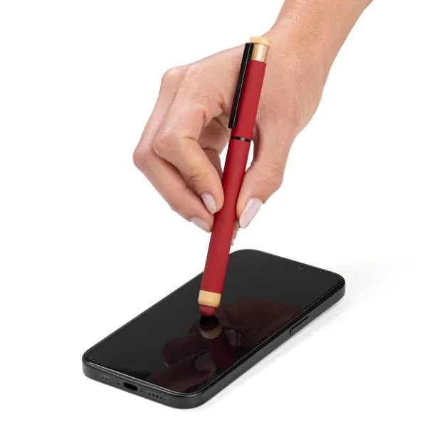 CANETA ROLLER EM ALUMÍNIO RECICLADO /  BAMBU - VERMELHA - 4Unik