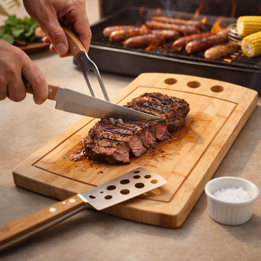 KIT PARA CHURRASCO/PETISCO EM BAMBU/INOX - 2 EM 1 - 4Unik