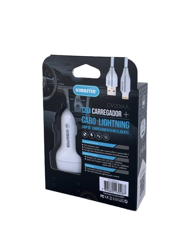 KIT CARREGADOR VEICULAR COM LED POWER DRIVE 15W AUTO ID + CABO USB-A/LIGHTNING 20W  - 4Unik