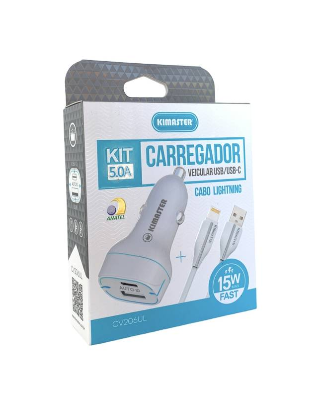 KIT CARREGADOR VEICULAR COM LED POWER DRIVE 15W AUTO ID + CABO USB-A/LIGHTNING 20W  - 4Unik