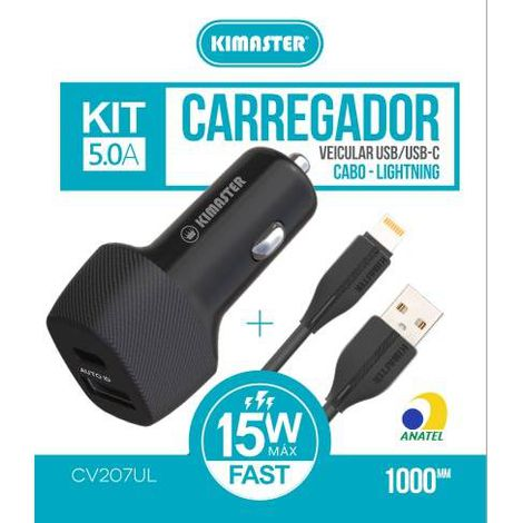 KIT CARREGADOR VEICULAR POWER DRIVE 15W AUTO ID + CABO USB/LIGHTNING  - 4Unik