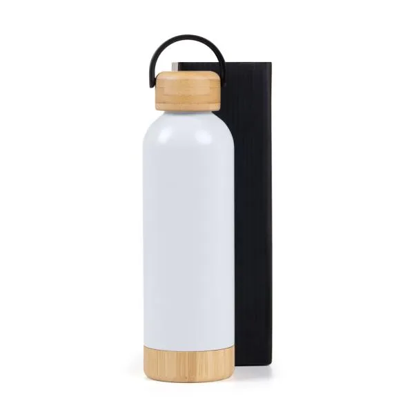 GARRAFA PAREDE DUPLA COM DETALHES EM BAMBU - BRANCA - 500 ML - 4Unik