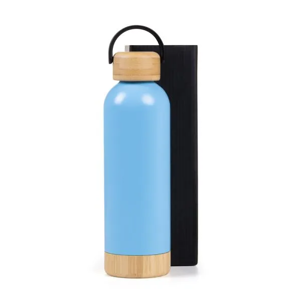 GARRAFA PAREDE DUPLA COM DETALHES EM BAMBU - AZUL - 500 ML - 4Unik