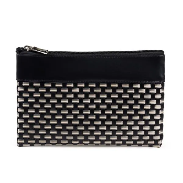 NECESSAIRE EM PVC E MATERIAL SINTÉTICO - PRETO / XADREZ BEGE - 19X14 CM - 4Unik