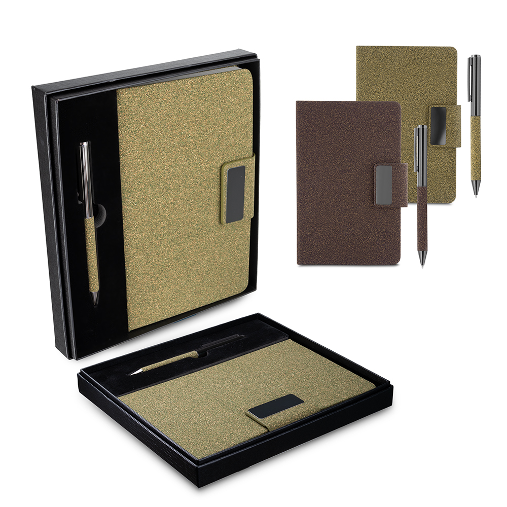 Kit escritório A5 em PU e fibra de café ou chá e Caneta Metalica CAD445 - 4Unik