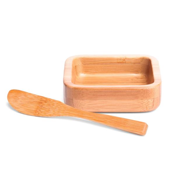 CUMBUCA QUADRADA EM BAMBU COM ESPÁTULA 14CM - 100ML - 4Unik