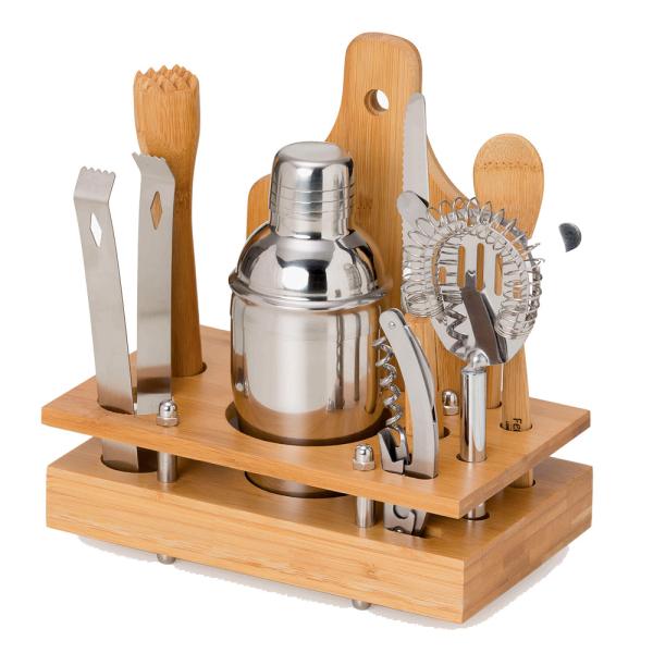 CONJUNTO PARA BAR EM BAMBU / MADEIRA / INOX - 8 PÇS - 4Unik
