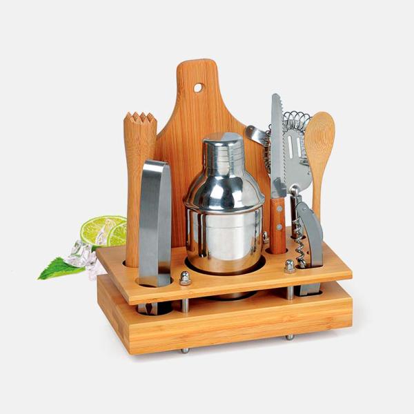 CONJUNTO PARA BAR EM BAMBU / MADEIRA / INOX - 8 PÇS - 4Unik