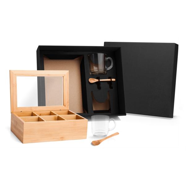 KIT PARA CHÁ COM CAIXA EM BAMBU E COLHERES - 5 PÇS - 4Unik