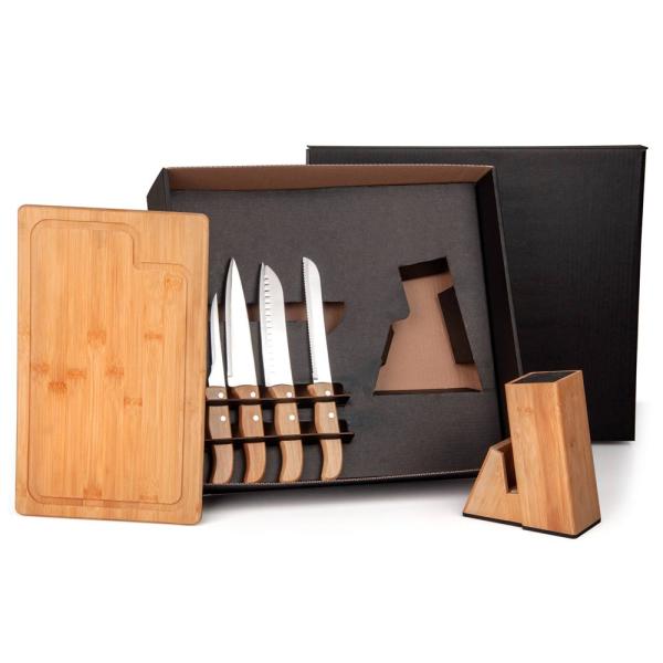 CONJUNTO PARA COZINHA COM CEPO EM BAMBU / MADEIRA / INOX - 6 PÇS - 4Unik
