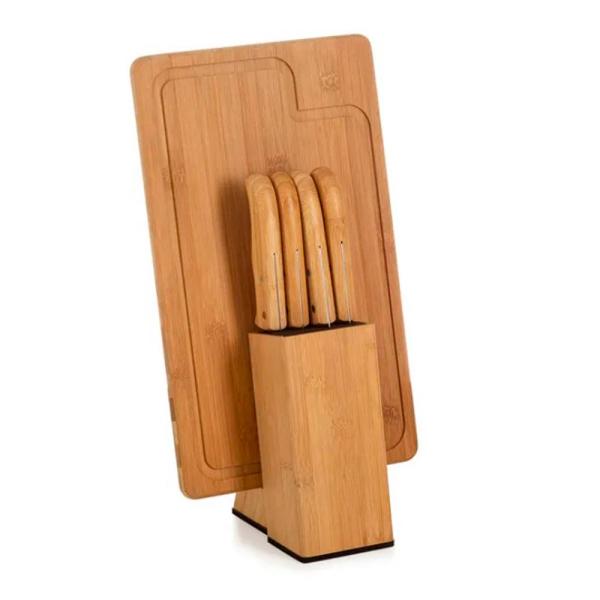 CONJUNTO PARA COZINHA COM CEPO EM BAMBU / MADEIRA / INOX - 6 PÇS - 4Unik
