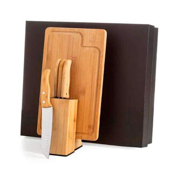 CONJUNTO PARA COZINHA COM CEPO EM BAMBU / MADEIRA / INOX - 6 PÇS - 4Unik