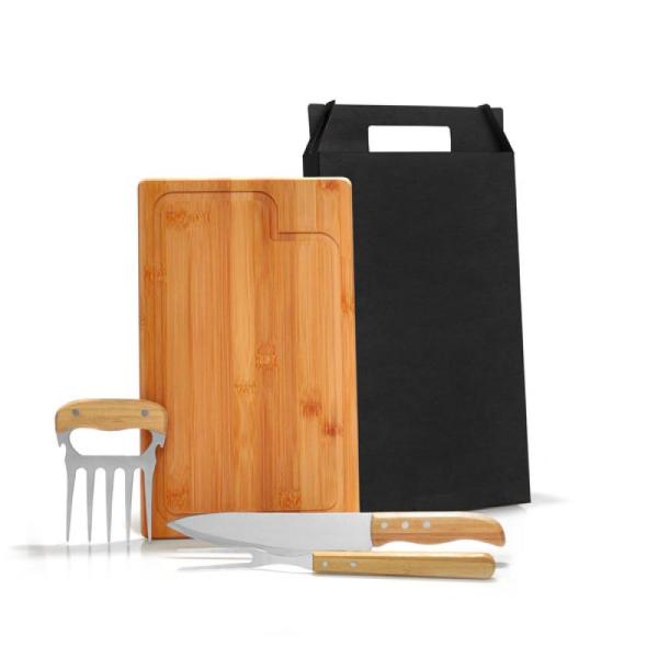 KIT PARA CHURRASCO EM BAMBU / MADEIRA / INOX - 4 PÇS - 4Unik