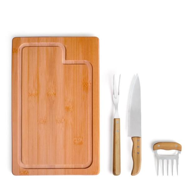 KIT PARA CHURRASCO EM BAMBU / MADEIRA / INOX - 4 PÇS - 4Unik