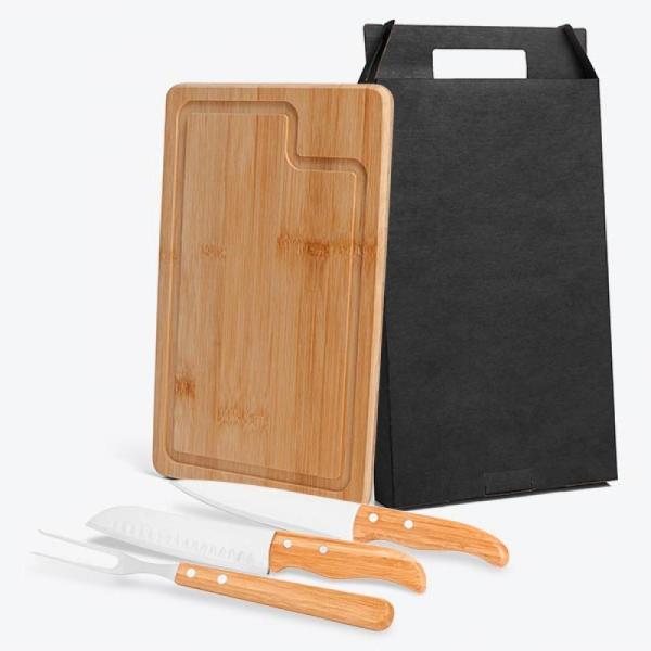 KIT PARA CHURRASCO EM BAMBU/INOX COM FACA SANTOKU - 4 PÇS - 4Unik