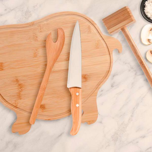 KIT PARA COZINHA EM BAMBU COM TÁBUA FORMATO PORCO - 4Unik