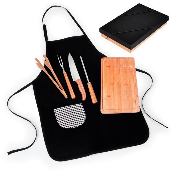 KIT PARA CHURRASCO EM BAMBU / MADEIRA / INOX COM AVENTAL - 6 PÇS - 4Unik