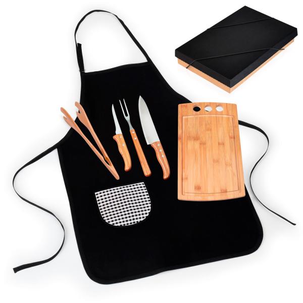 KIT PARA CHURRASCO EM BAMBU / MADEIRA / INOX COM AVENTAL - 6 PÇS - 4Unik