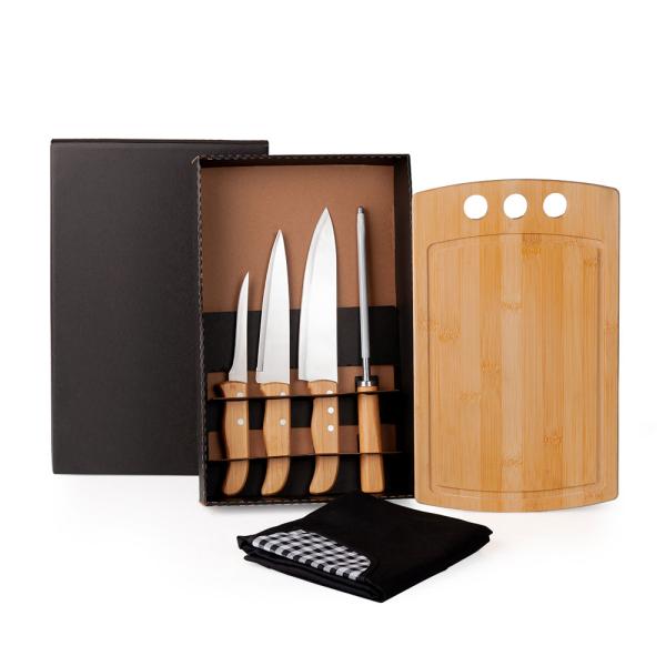 KIT PARA COZINHA EM BAMBU / MADEIRA / INOX COM AVENTAL - 6 PÇS - 4Unik