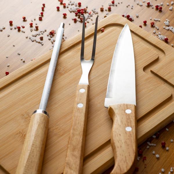 CONJ. PARA CHURRASCO EM BAMBU / INOX / MADEIRA - 4 PÇS - 4Unik