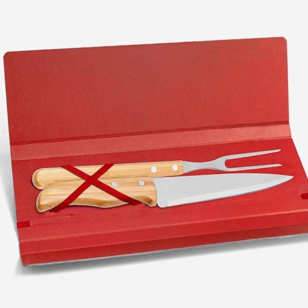 CONJ. DE GARFO E FACA INOX / BAMBU COM ESTOJO VERMELHO - 3 PÇS - 4Unik