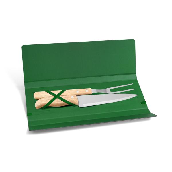CONJ. DE GARFO E FACA INOX/MADEIRA COM ESTOJO VERDE-3 PÇS - 4Unik